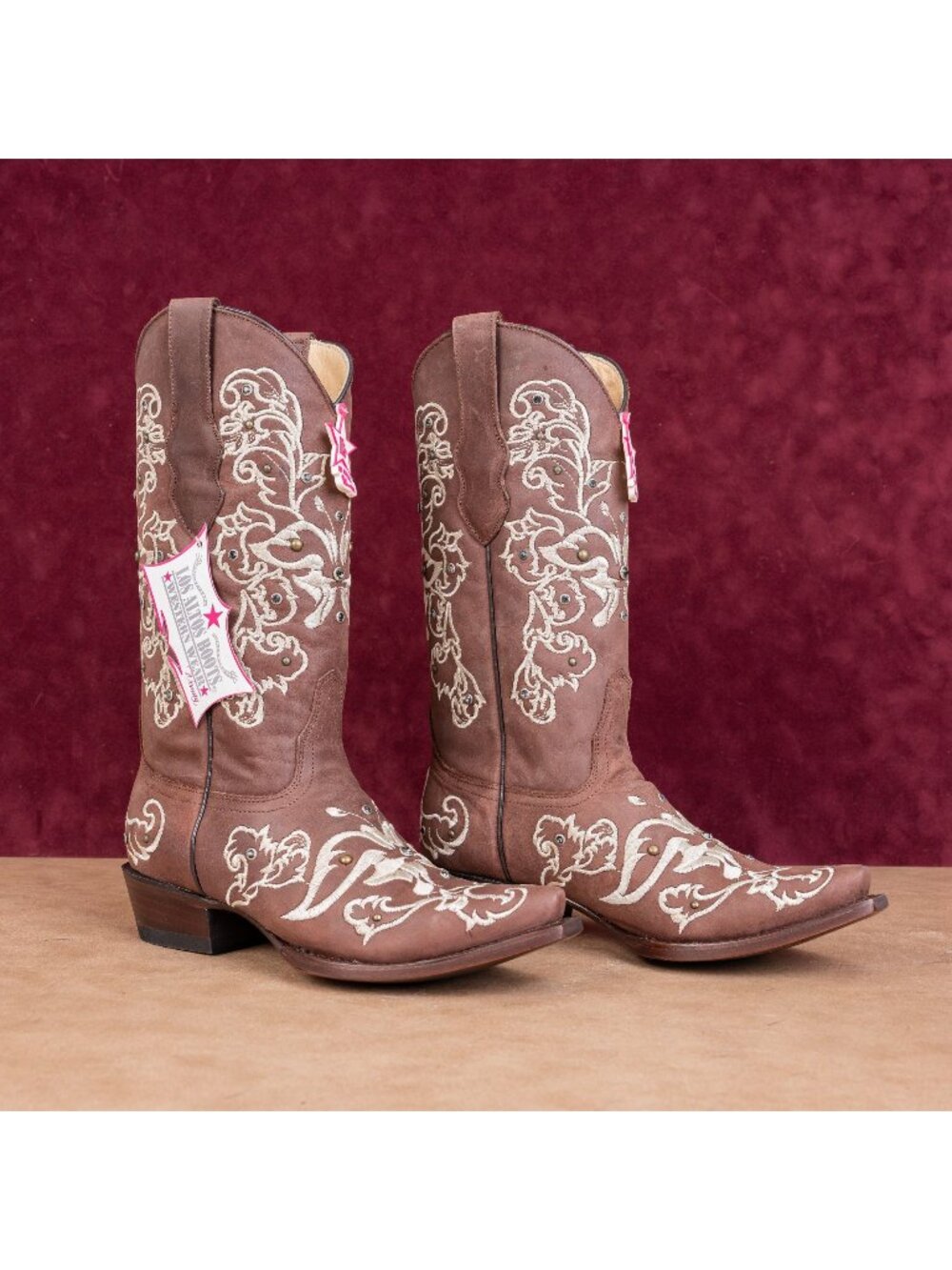 Los Altos Wmn Rhinestones Dark Brown Leather Snip Boho Western Cowboy Boots 8.5